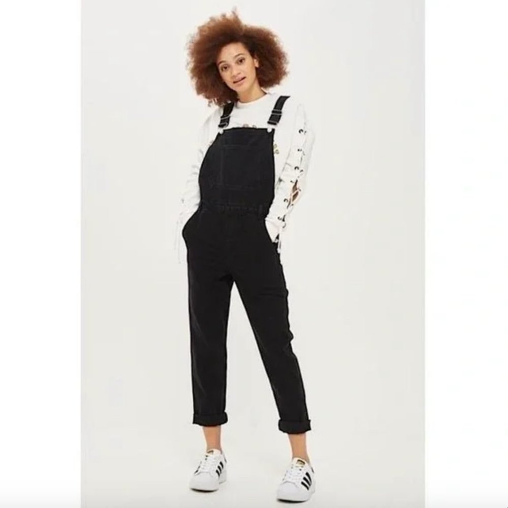Topshop Moto Denim Black Ankle Crop Dungaree Overalls Size 25